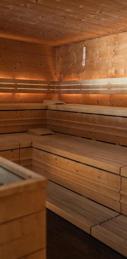 Finnish wooden sauna in the wellness area of Hotel Floralpina on the Seiser Alm (Alpe di Siusi)